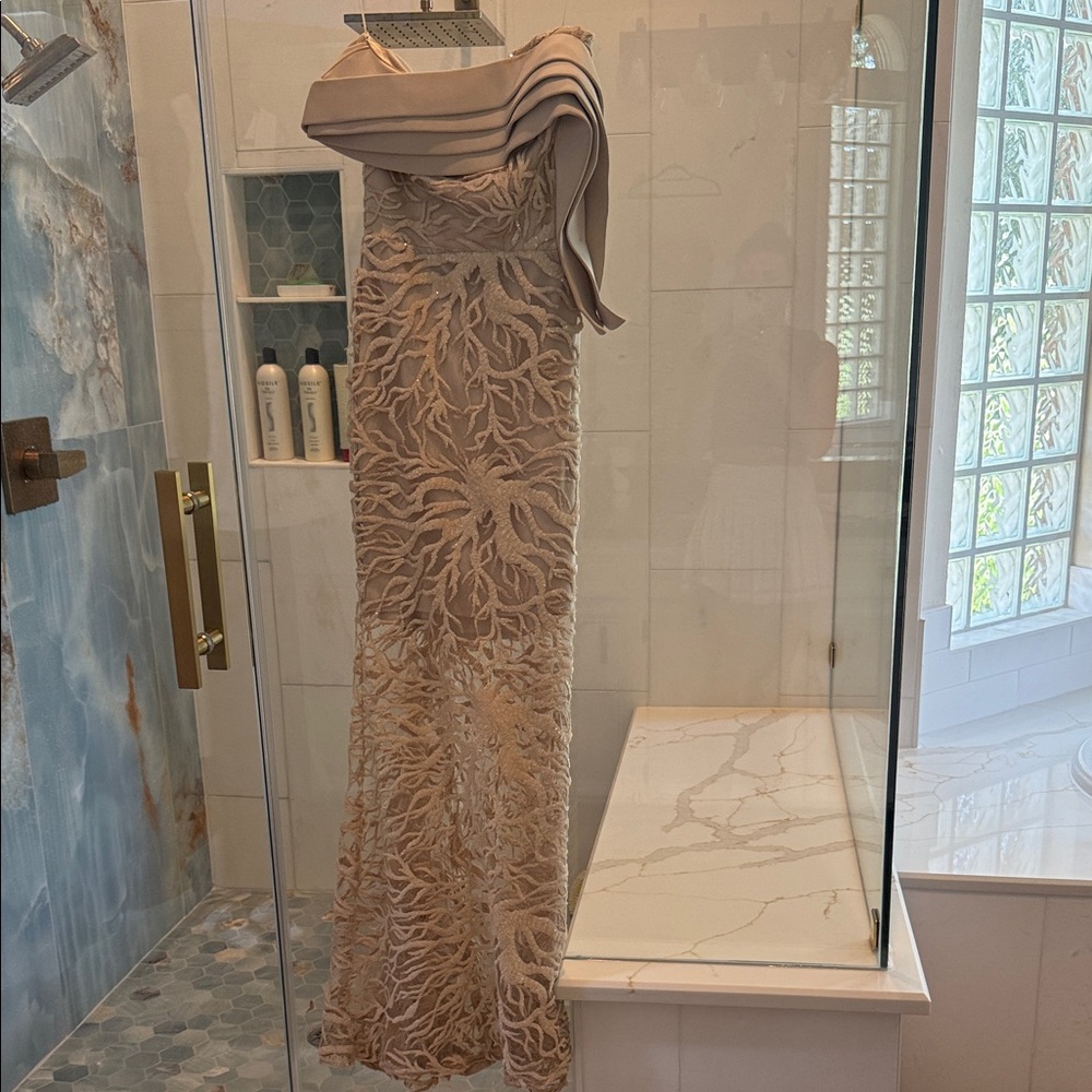 Nicole Bakti Strapless Beige Lace Dress